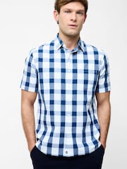 French Connection Blue 100% Cotton Gingham Print Chest Pocket Short Sleeve Button Up Shirt - Image 3 of 4