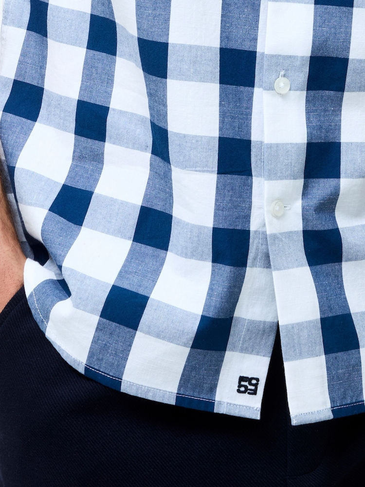 French Connection Blue 100% Cotton Gingham Print Chest Pocket Short Sleeve Button Up Shirt - Image 4 of 4