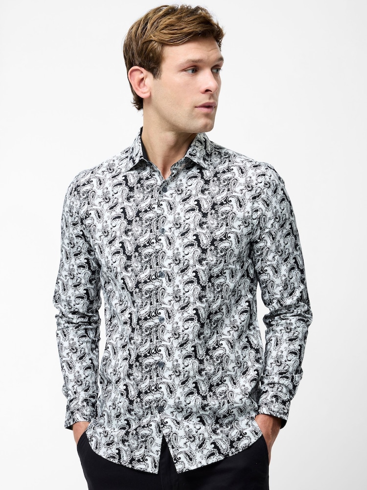 French Connection White Stretch Paisley Print Long Sleeve Button Up Shirt - Image 1 of 4