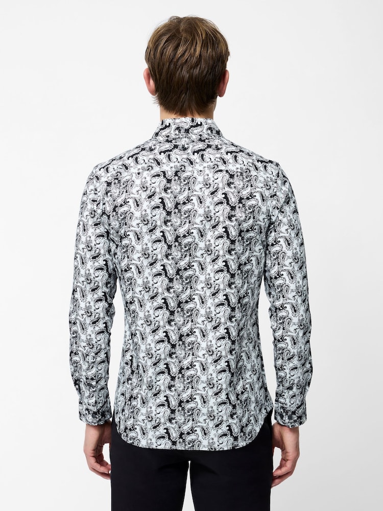 French Connection White Stretch Paisley Print Long Sleeve Button Up Shirt - Image 2 of 4