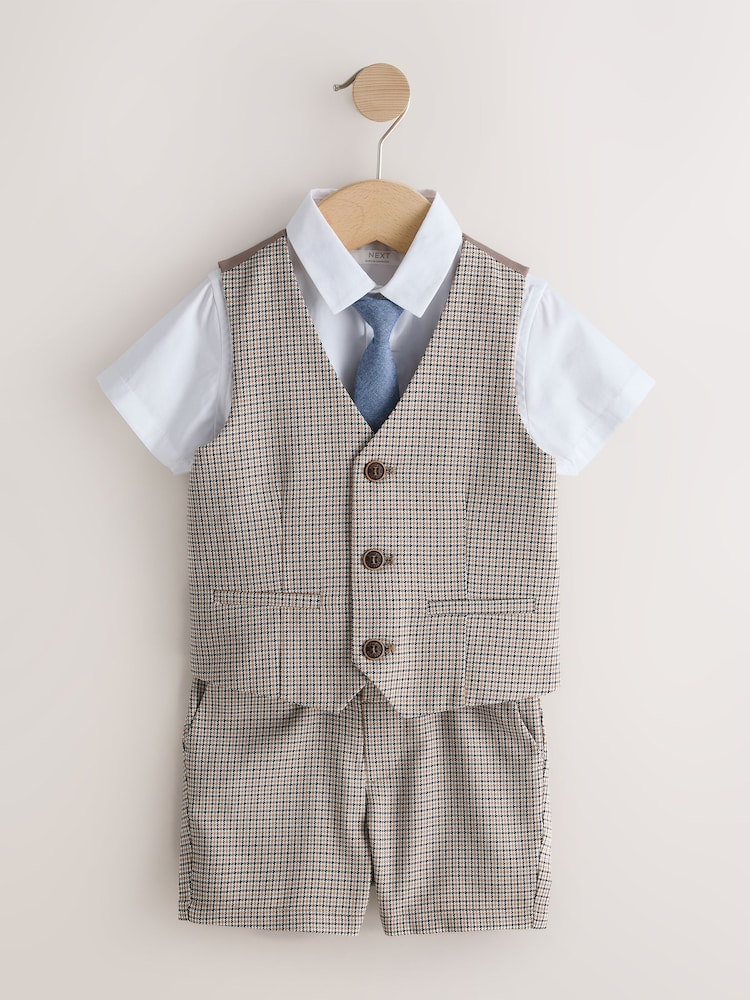 Brown Check Waistcoat, Shirt, Shorts & Tie Set (3mths-9yrs) - Image 1 of 5 Brown Check Waistcoat, Shirt, Shorts & Tie Set (3mths-9yrs) - Image 1 of 5