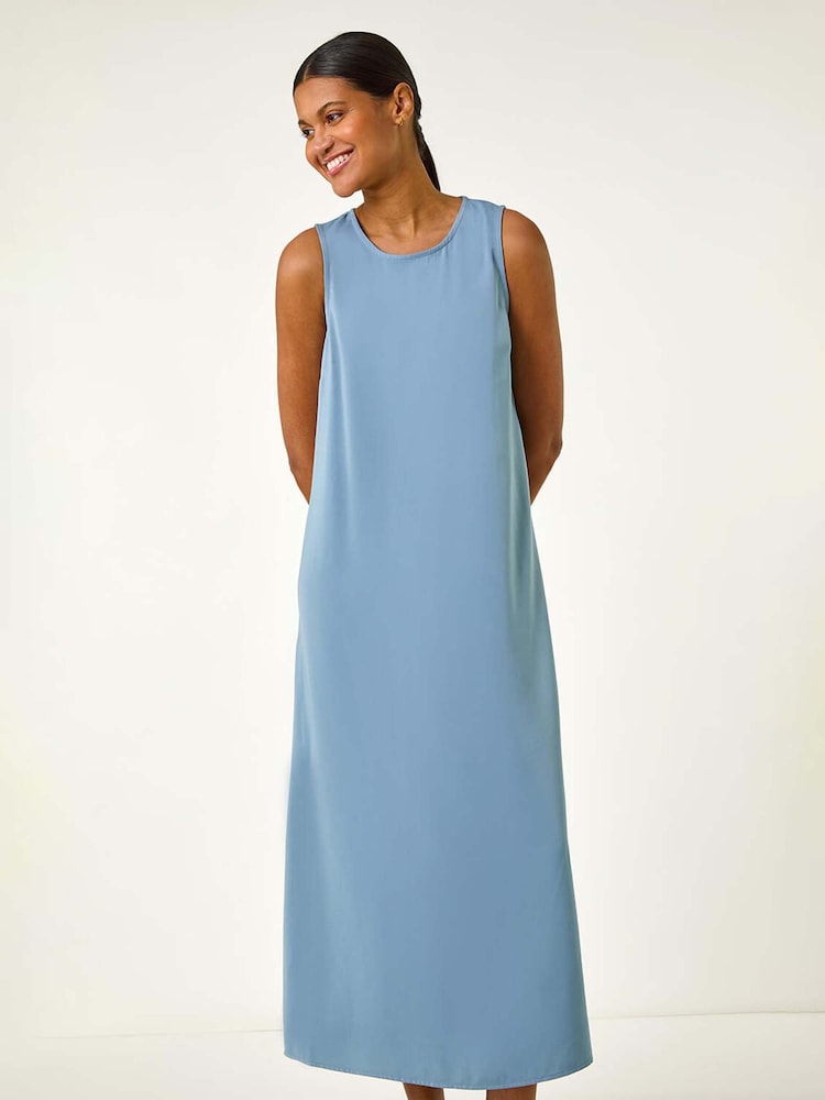 Roman Blue Satin A-Line Pocket Midi Dress - Image 1 of 5
