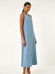 Roman Blue Satin A-Line Pocket Midi Dress - Image 2 of 5