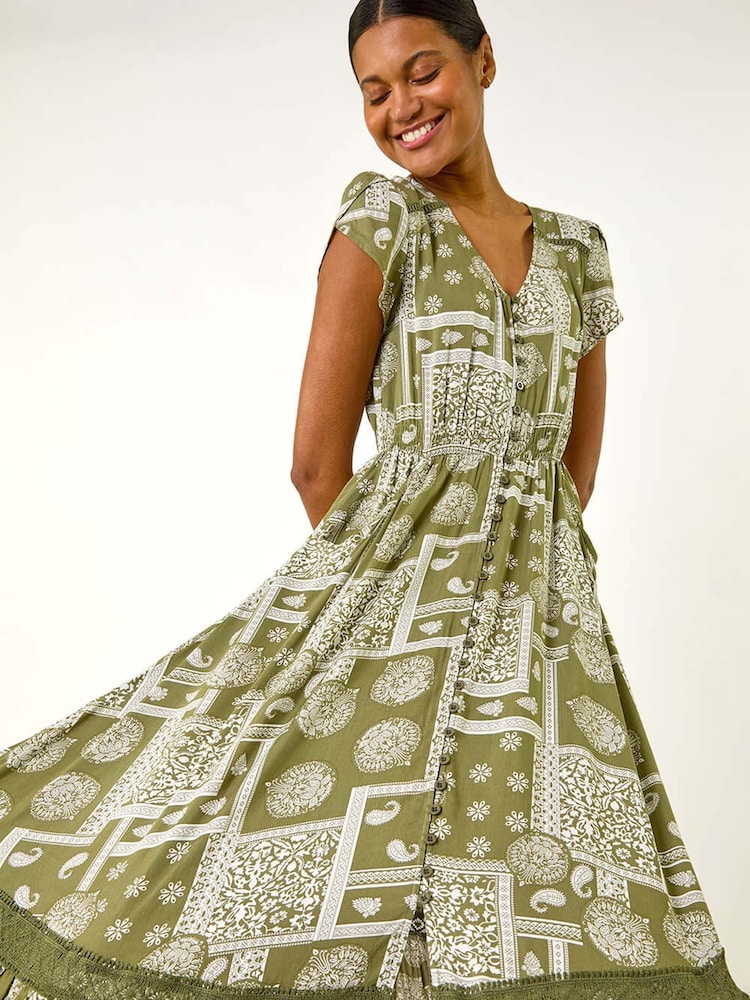 Roman Green Patchwork Lace Trim Maxi Dress - Image 1 of 5