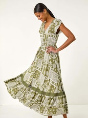 Roman Green Patchwork Lace Trim Maxi Dress - Image 2 of 5