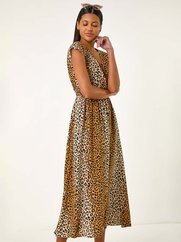 Roman Brown Animal Print Shirred Waist Maxi Dress - Image 2 of 5