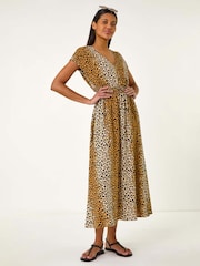 Roman Brown Animal Print Shirred Waist Maxi Dress - Image 4 of 5
