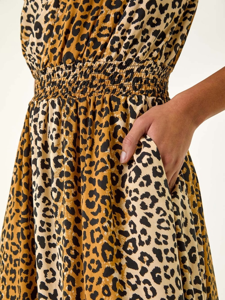 Roman Brown Animal Print Shirred Waist Maxi Dress - Image 5 of 5