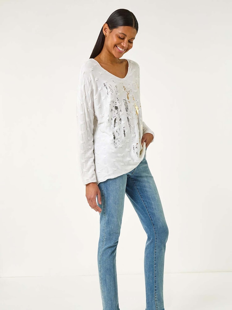 Roman White Textured Foil Snit V-Neck Tunics - Image 1 of 5
