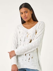 Roman White Textured Foil Snit V-Neck Tunics - Image 2 of 5