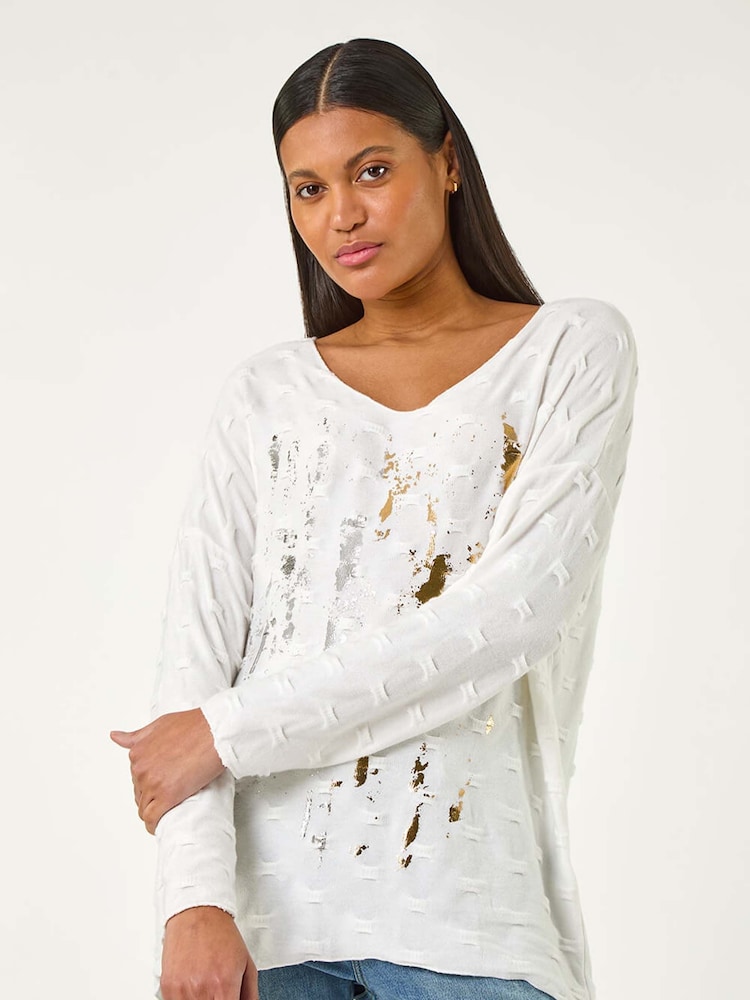 Roman White Textured Foil Snit V-Neck Tunics - Image 2 of 5