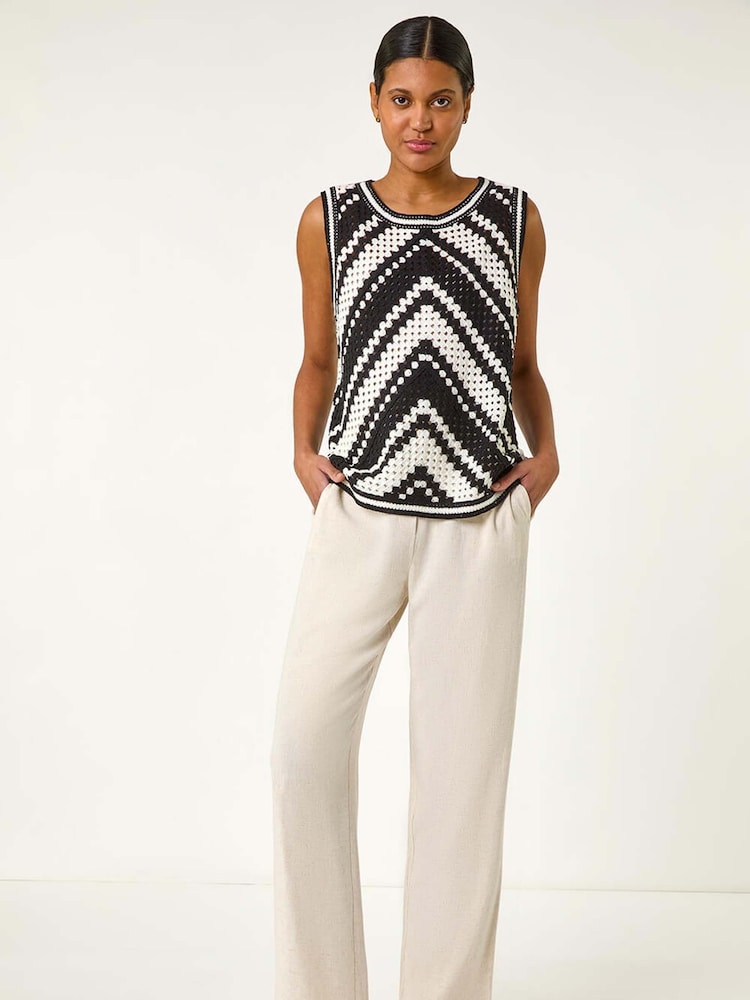 Roman Black Chevron Crochet Knit Vest Top - Image 2 of 5