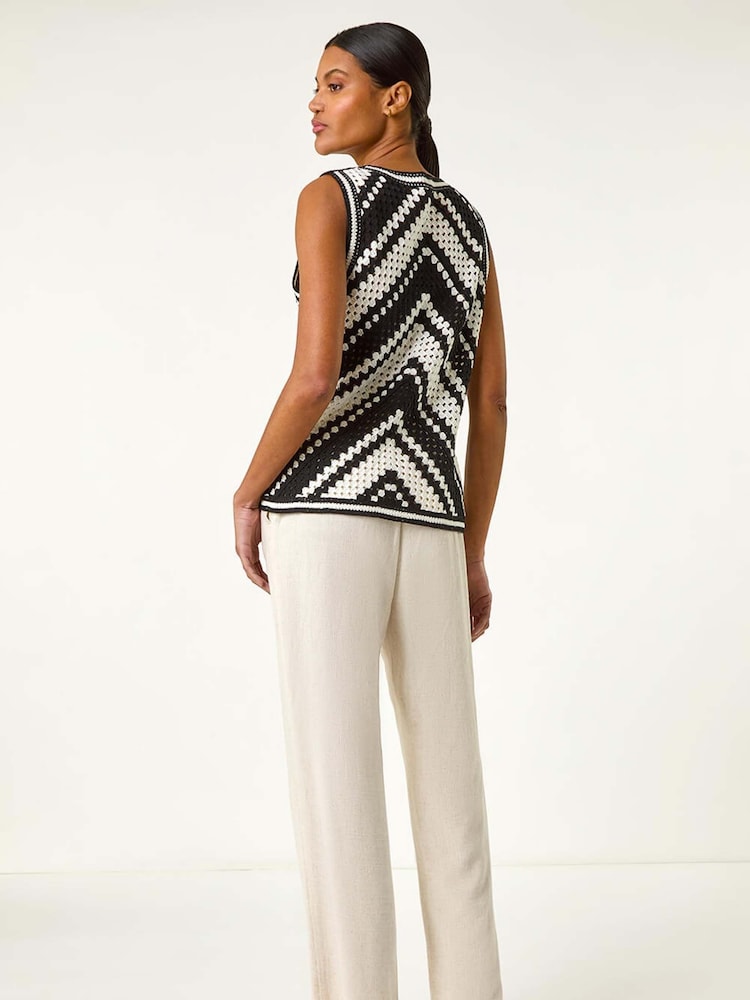 Roman Black Chevron Crochet Knit Vest Top - Image 3 of 5