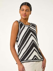 Roman Black Chevron Crochet Knit Vest Top - Image 4 of 5