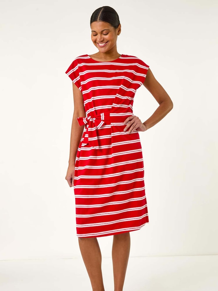 Roman Red Stripe Tie Side Stretch Midi Dress - Image 2 of 5