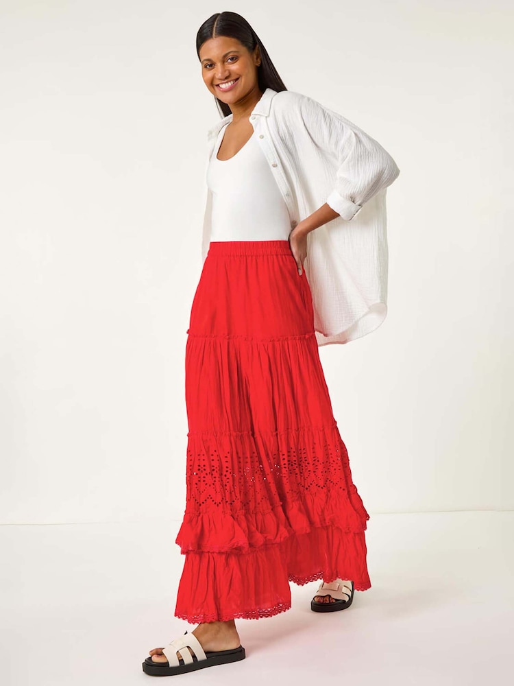 Roman Red Broderie Tiered 100% Cotton Maxi Skirt - Image 1 of 5