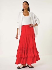 Roman Red Broderie Tiered 100% Cotton Maxi Skirt - Image 2 of 5