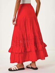 Roman Red Broderie Tiered 100% Cotton Maxi Skirt - Image 3 of 5