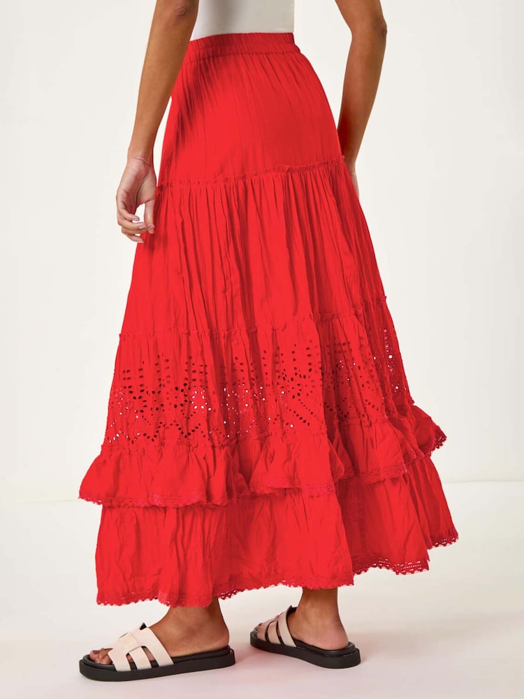 Roman Red Broderie Tiered 100% Cotton Maxi Skirt - Image 3 of 5
