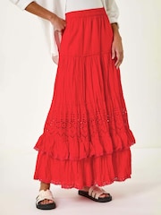 Roman Red Broderie Tiered 100% Cotton Maxi Skirt - Image 4 of 5