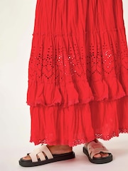 Roman Red Broderie Tiered 100% Cotton Maxi Skirt - Image 5 of 5