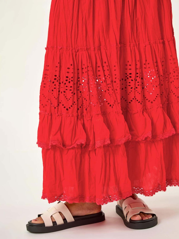 Roman Red Broderie Tiered 100% Cotton Maxi Skirt - Image 5 of 5