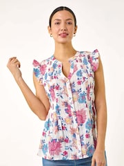 Roman Pink Floral Print Pintuck Frill 100% Cotton Blouse - Image 1 of 5