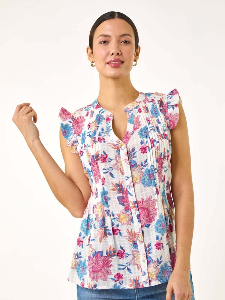 Roman Floral Print Pintuck Frill 100% Cotton Blouse - Imagen 1 de 5 Roman Floral Print Pintuck Frill 100% Cotton Blouse - Imagen 1 de 5