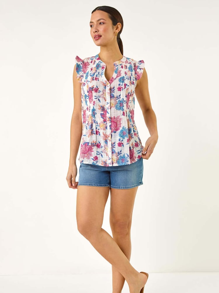 Roman Pink Floral Print Pintuck Frill 100% Cotton Blouse - Image 2 of 5
