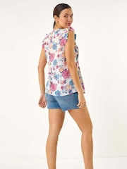 Roman Pink Floral Print Pintuck Frill 100% Cotton Blouse - Image 3 of 5
