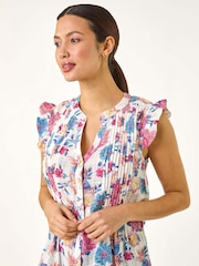 Roman Pink Floral Print Pintuck Frill 100% Cotton Blouse - Image 4 of 5