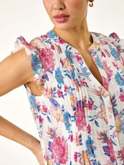 Roman Pink Floral Print Pintuck Frill 100% Cotton Blouse - Image 5 of 5
