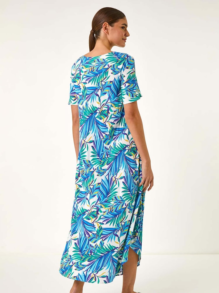 Roman Blue Leaf Print Curved Hem Midi T-Shirt Dress - Image 3 of 5
