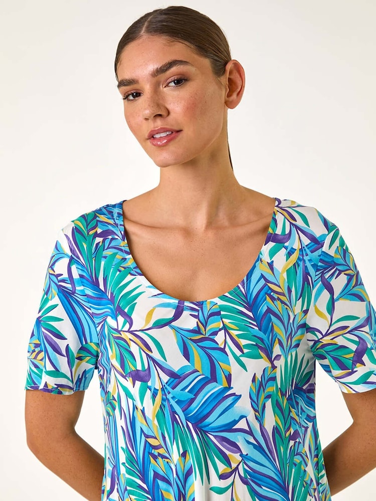 Roman Blue Leaf Print Curved Hem Midi T-Shirt Dress - Image 4 of 5