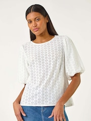 Roman White Broderie Puff Sleeve Top - Image 1 of 5