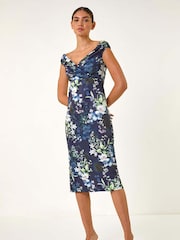 Roman Blue Floral Print Bardot Stretch Midi Dress - Image 1 of 5