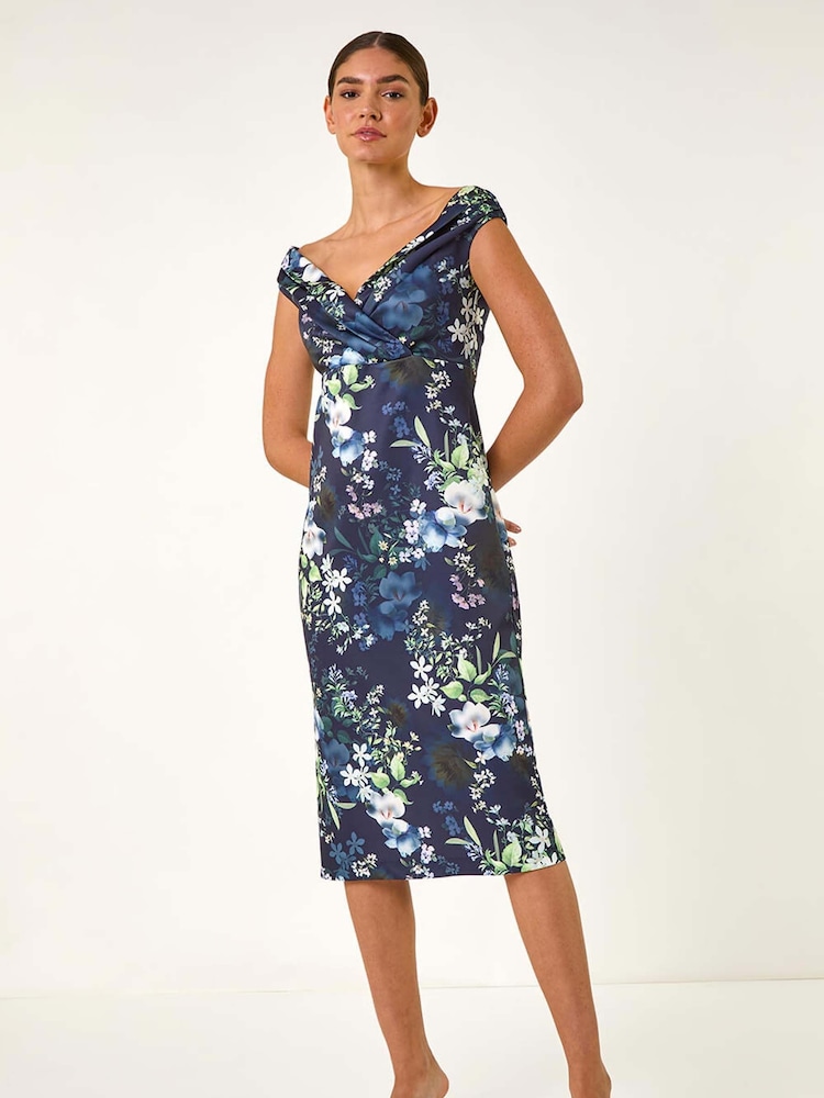 Vestido midi elástico con escote bardot y estampado floral de Roman - Imagen 1 de 5 Vestido midi elástico con escote bardot y estampado floral de Roman - Imagen 1 de 5