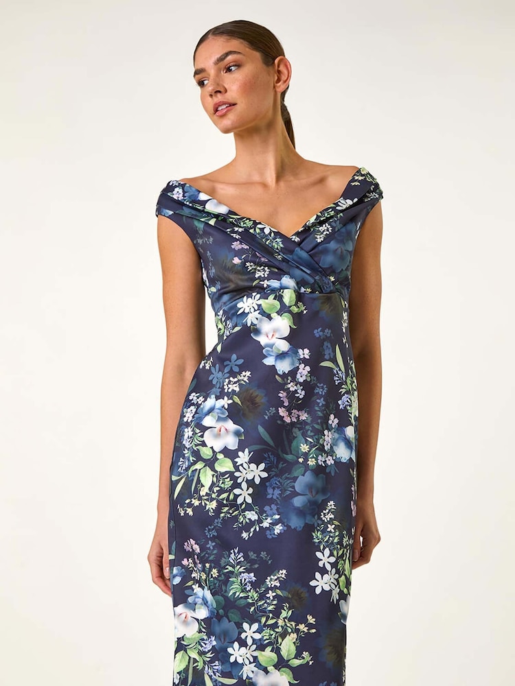 Roman Blue Floral Print Bardot Stretch Midi Dress - Image 2 of 5