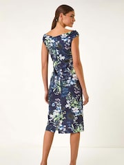 Roman Blue Floral Print Bardot Stretch Midi Dress - Image 3 of 5