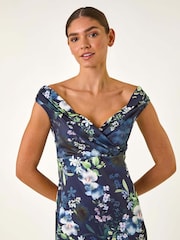 Roman Blue Floral Print Bardot Stretch Midi Dress - Image 4 of 5