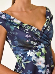 Roman Blue Floral Print Bardot Stretch Midi Dress - Image 5 of 5