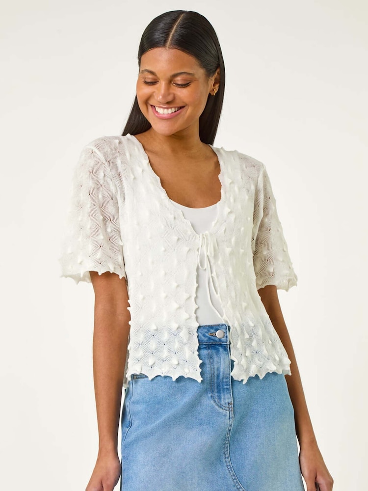 Roman White Textured Tie Front Shrug - Image 1 of 5
