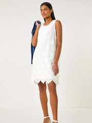 Roman White Flower Print Embroidered 100% Cotton Shift Dress - Image 1 of 5