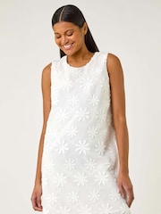 Roman White Flower Print Embroidered 100% Cotton Shift Dress - Image 2 of 5