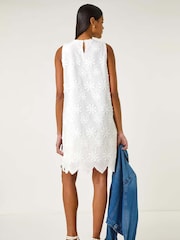 Roman White Flower Print Embroidered 100% Cotton Shift Dress - Image 3 of 5