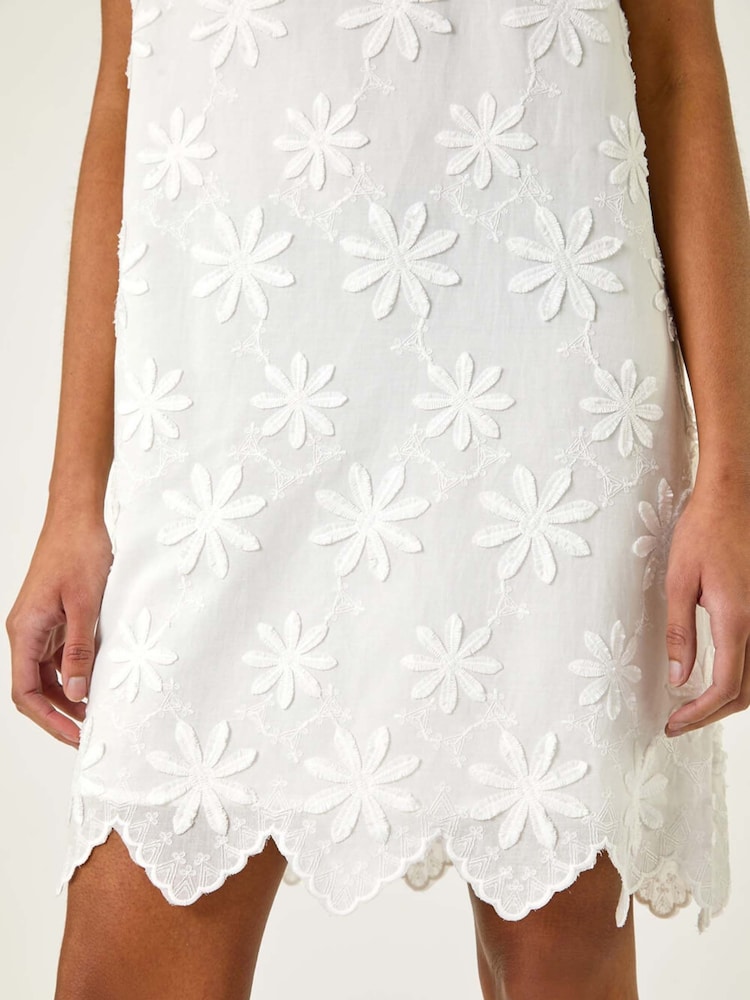 Roman White Flower Print Embroidered 100% Cotton Shift Dress - Image 5 of 5