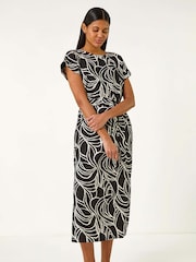 Roman Black Linear Textured Midi Dress - Image 1 of 5