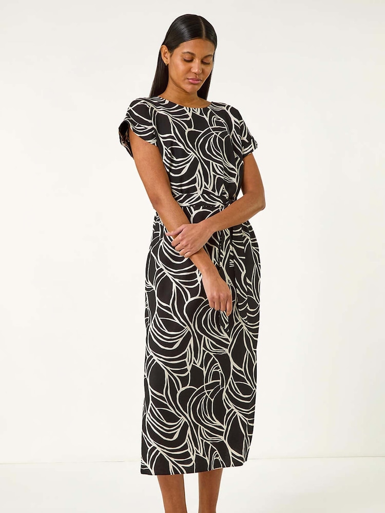 Roman Black Linear Textured Midi Dress - Image 1 of 5