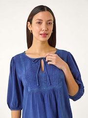 Roman Blue Pleated Tie Neck Top - Image 1 of 5