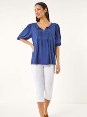 Roman Blue Pleated Tie Neck Top - Image 2 of 5